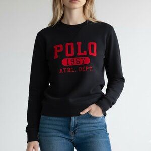 Polo Ralph Laure 67 Raised Felt Logo Black Pullover Sweatshirt Men's XS X-Small
